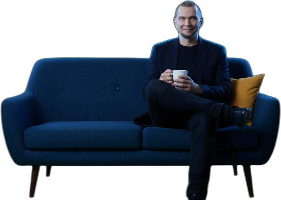 Andrei on the couch, coffee in hand – the kettle’s on.