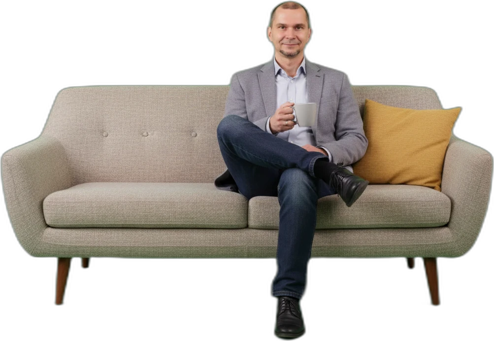 Andrei on the couch, coffee in hand – the kettle’s on.
