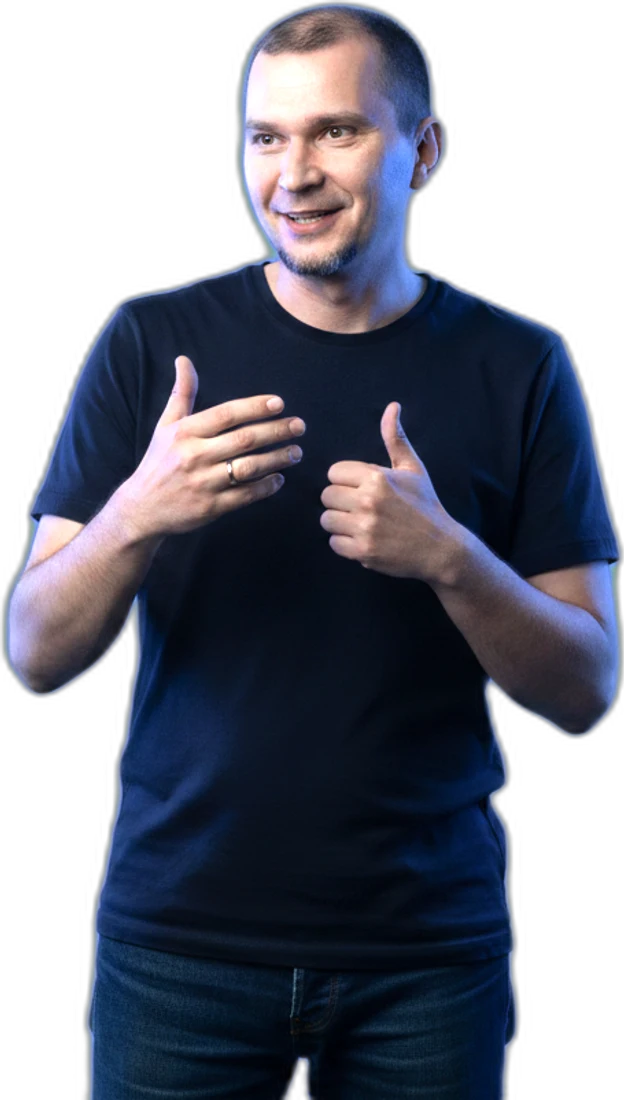 Andrei mid-gesture, presenting a find worth your time.